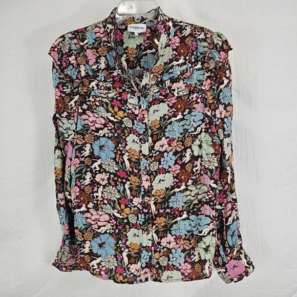 FRNCH PARIS Nude Lady Floral Button Front Ruffles Women's Size Medium Longsleeve - Picture 2 of 10